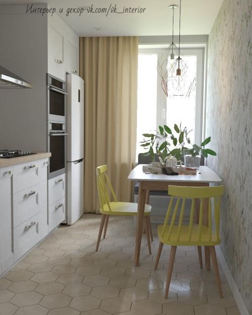 Светлая кухня с желтыми стульями 01