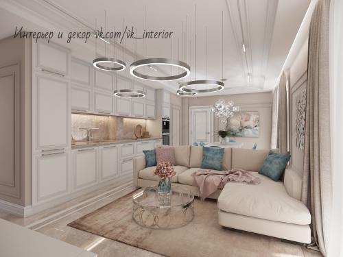 Кухня — гостиная в бежевом цвете 02