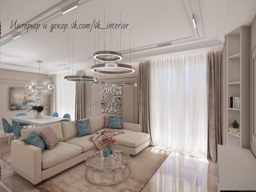 Кухня — гостиная в бежевом цвете 01