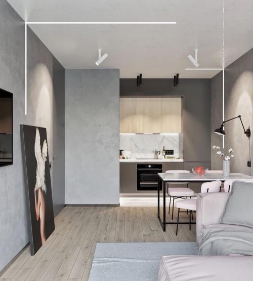 Дизайн кухни — гостиной с панорамным остеклением 02