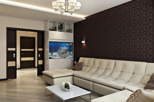 Гостиная с темной стеной приятного шоколадного цвета с объемным принтом. 02
