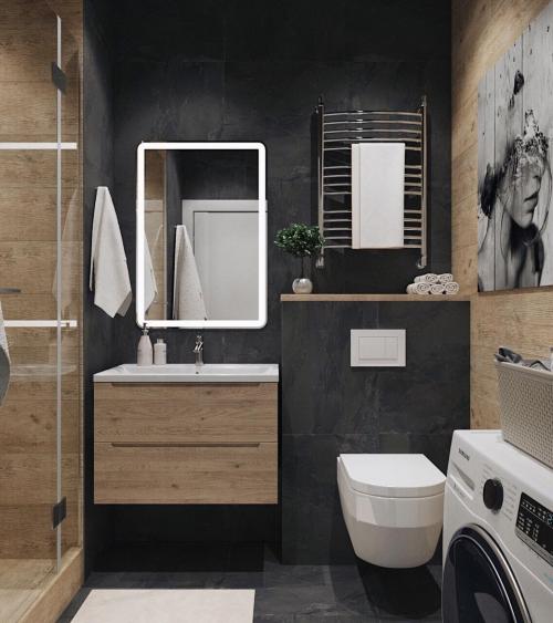 Черный, белый и дерево в интерьере санузла 01