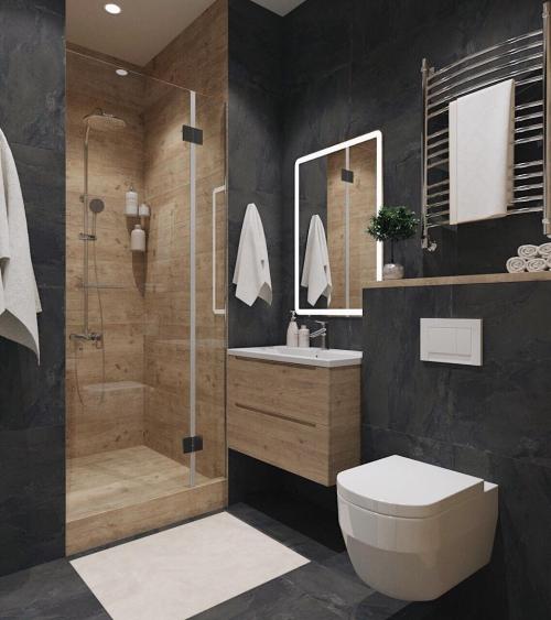 Черный, белый и дерево в интерьере санузла 02