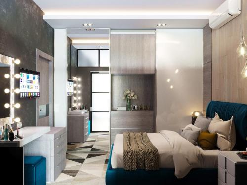 Разделение одной большой комнаты на две: спальня и детская. Детская находится за стенкой, и с большими окнами) 02