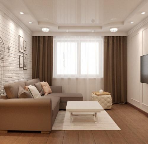 Дизайн гостиной с камином и кирпичной стеной. 01