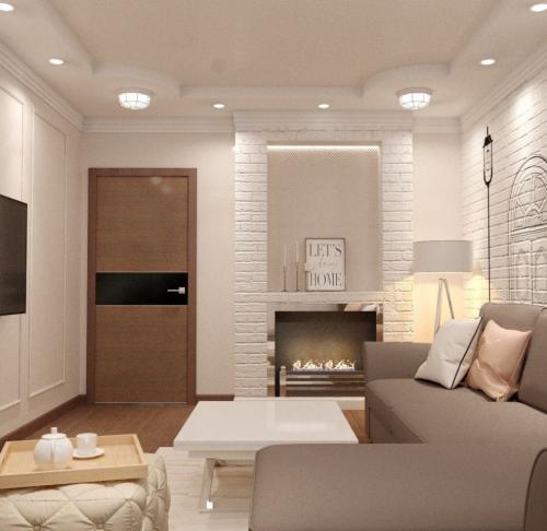 Дизайн гостиной с камином и кирпичной стеной. 06