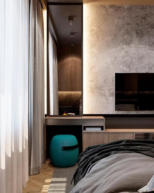 Брутальная спальня с градиентным фотопанно на стене 06