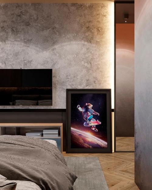 Брутальная спальня с градиентным фотопанно на стене 07