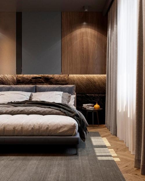 Брутальная спальня с градиентным фотопанно на стене 02