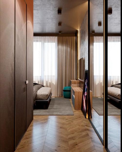 Брутальная спальня с градиентным фотопанно на стене 08