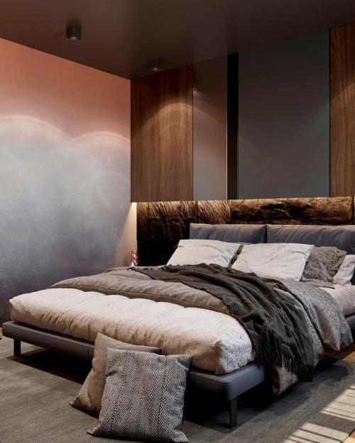 Брутальная спальня с градиентным фотопанно на стене 03