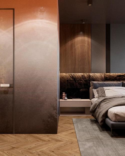 Брутальная спальня с градиентным фотопанно на стене 01