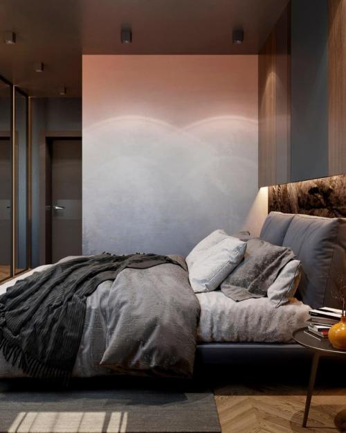 Брутальная спальня с градиентным фотопанно на стене 04