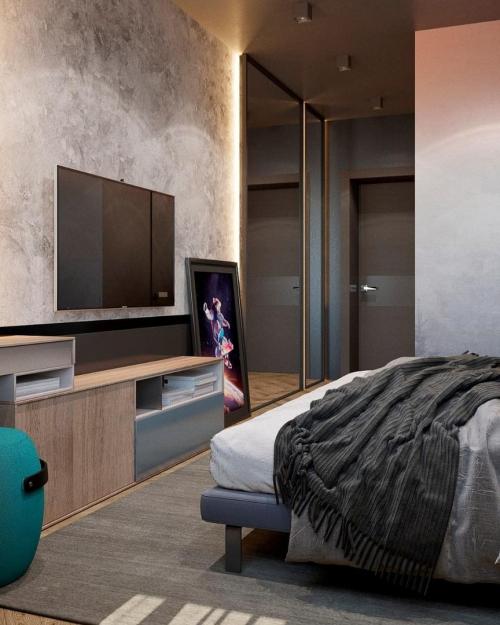 Брутальная спальня с градиентным фотопанно на стене 05