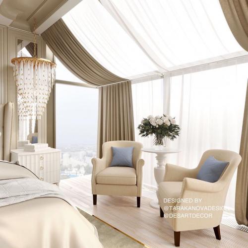 Спальня для двухуровневой квартиры. Сливочный фон и светло-голубые акценты. 06