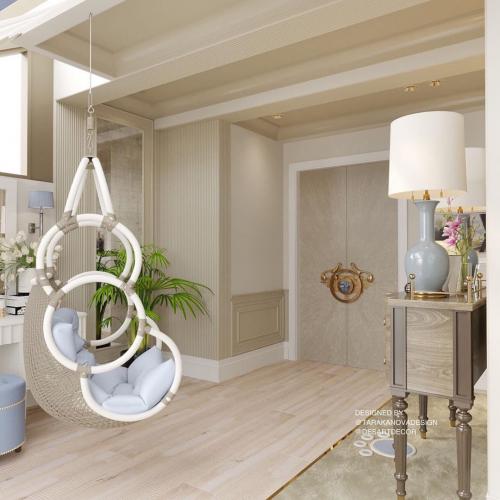 Спальня для двухуровневой квартиры. Сливочный фон и светло-голубые акценты. 02