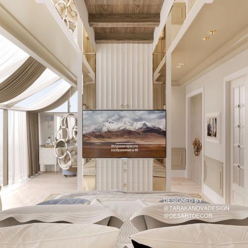 Спальня для двухуровневой квартиры. Сливочный фон и светло-голубые акценты. 04