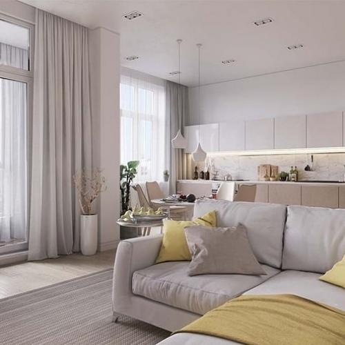 Кухня — гостиная в бежевом цвете. Как Вам интерьер? 02