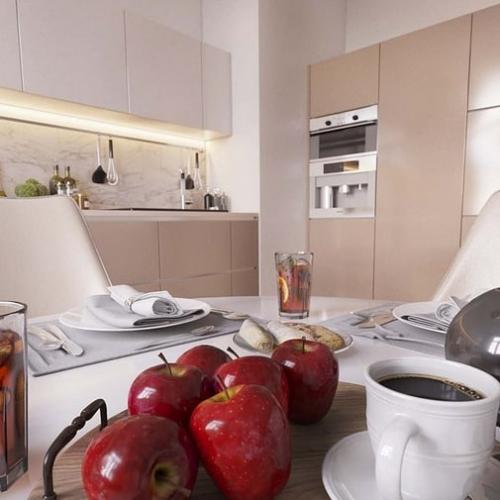 Кухня — гостиная в бежевом цвете. Как Вам интерьер? 01