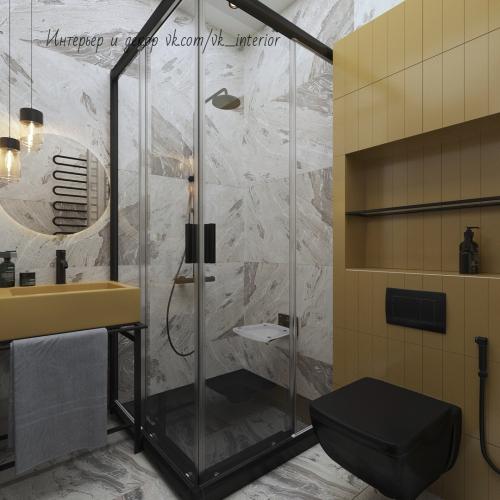 Санузел в сером цвете с акцентами горчичного цвета 02