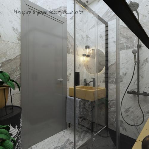 Санузел в сером цвете с акцентами горчичного цвета 03