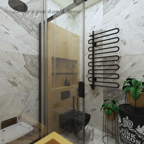 Санузел в сером цвете с акцентами горчичного цвета 01