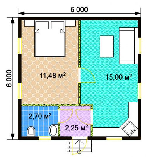 Планировка дома 6 на 6 одноэтажный с санузлом и двумя спальнями