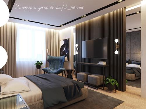 Спальня в черном цвете с зеркальными панелями 01