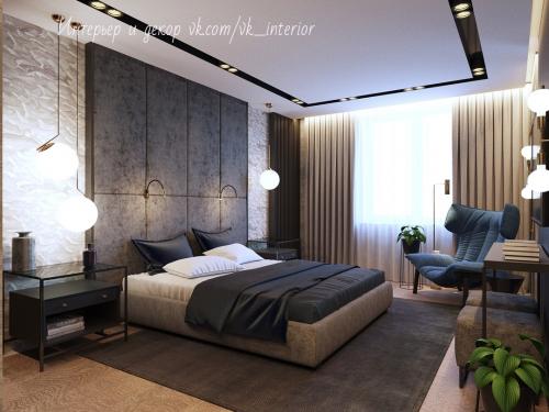 Спальня в черном цвете с зеркальными панелями 02