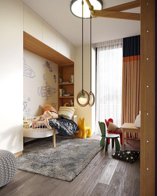 Детская комната в проекте в ЖК «Монодом» излучает комфорт и позитив. Наличие насыщенных акцентов стимулирует ребенка к мыслительной деятельности и физической активности. 02