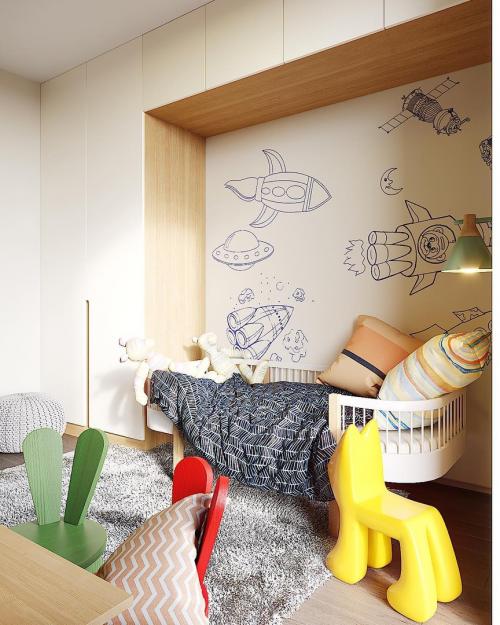 Детская комната в проекте в ЖК «Монодом» излучает комфорт и позитив. Наличие насыщенных акцентов стимулирует ребенка к мыслительной деятельности и физической активности. 01