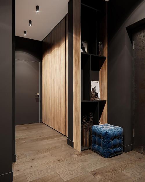 Прихожая в современном стиле в темных тонах, с использованием светлого шпона в отделке встроенной мебели. 03