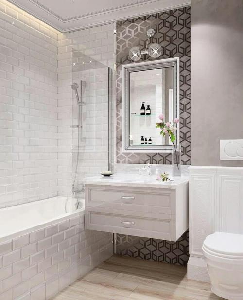 Ванная комната в сером цветес плиткой «кабанчик» 01