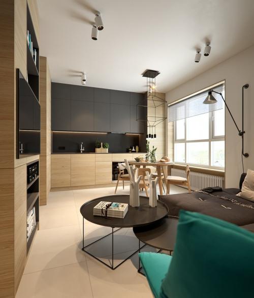 Стильный дизайн кухни — гостиной с ярким акцентом 01