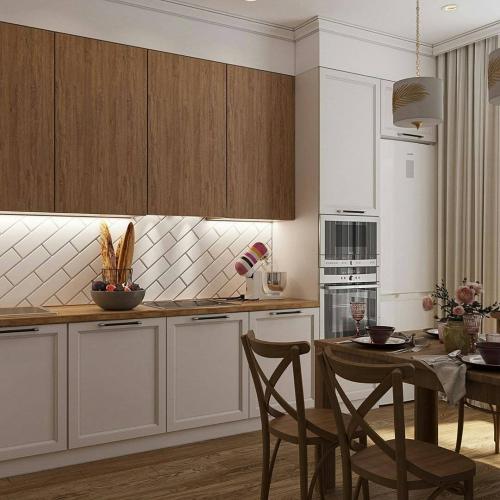 Кухня в теплых светлых тонах с элементами дерева 01