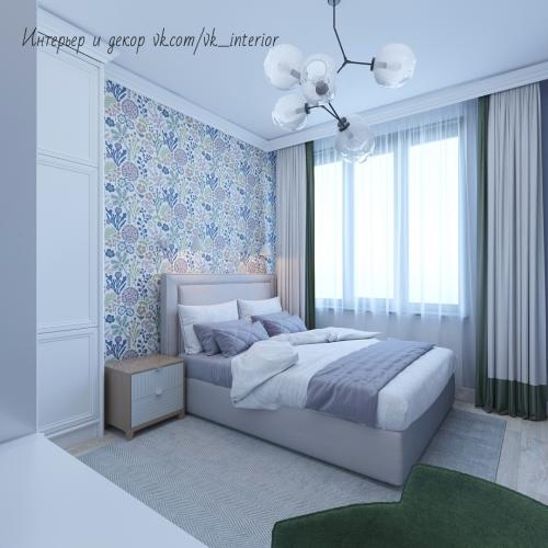 Спальня в нежном голубом цвете с туалетным столиком и большим шкафом для хранения 03