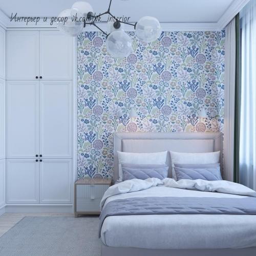 Спальня в нежном голубом цвете с туалетным столиком и большим шкафом для хранения 01