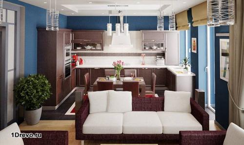 Интерьер кухни-гостиной в деревянном доме. Как организовать переход между кухней и гостиной