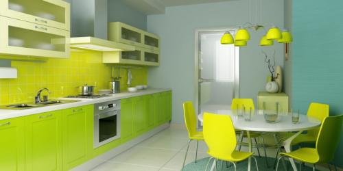 Кухня дизайн в зеленом цвете. Светлые оттенки, зелёный ультрамарин и неон