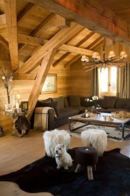 Сочетание камня и дерева в интерьере гостиной. Классический дизайн