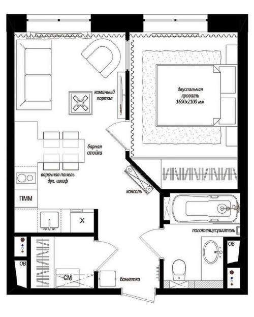Квартира-студия 37м²(кухня - 15м², спальня - 10м²). Что вам здесь нравится, а что нет? 07