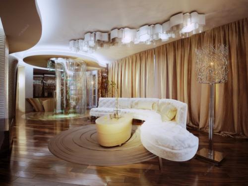 Зал студия с кухней 35 кв.м. Интерьер гостиной размером 35 квадратных метров, совмещенной с кухней и столовой зоной