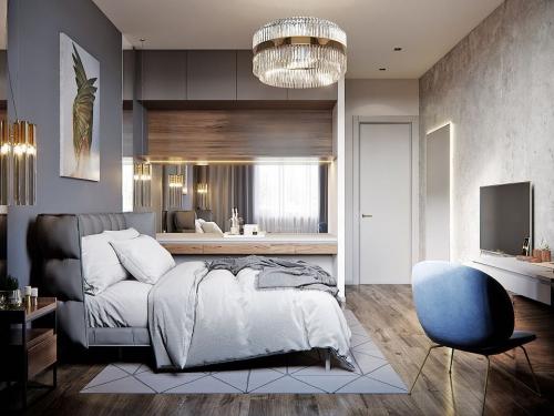 Спальня в современном интерьере с элементами лофт. 01