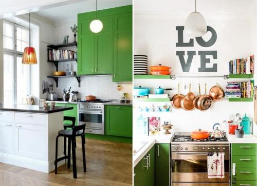 Темно зеленая кухня. Сочетание с белым цветом – универсальное и беспроигрышное