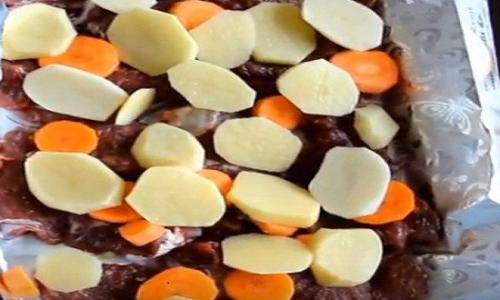 Мясо в духовке с овощами. Мясо говядины с овощами сочное и мягкое, приготовленное в фольге