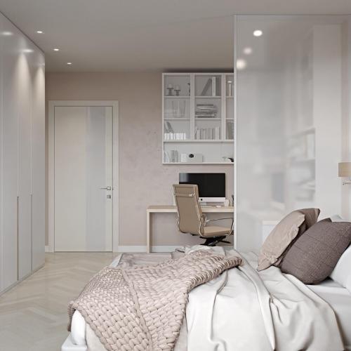 Спальня с рабочей зоной, отделенной стационарной перегородкой 03