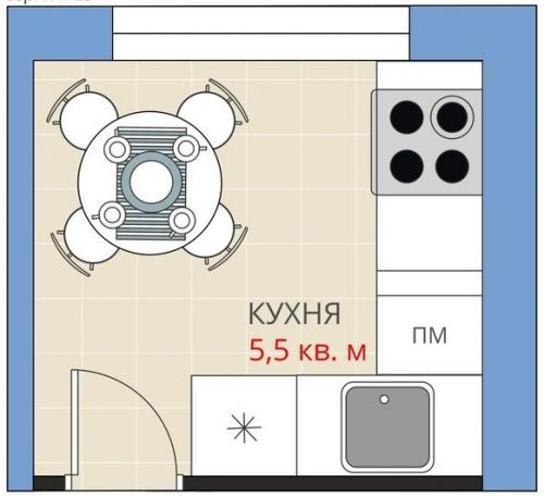 Варианты расстановки мебели в кухне 5,5 кв. м 01
