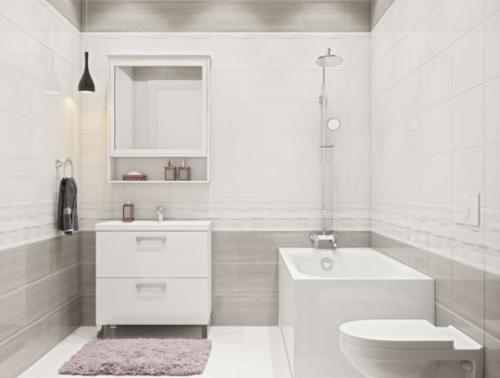 Белая плитка в ванной с деревом. Достоинства и недостатки