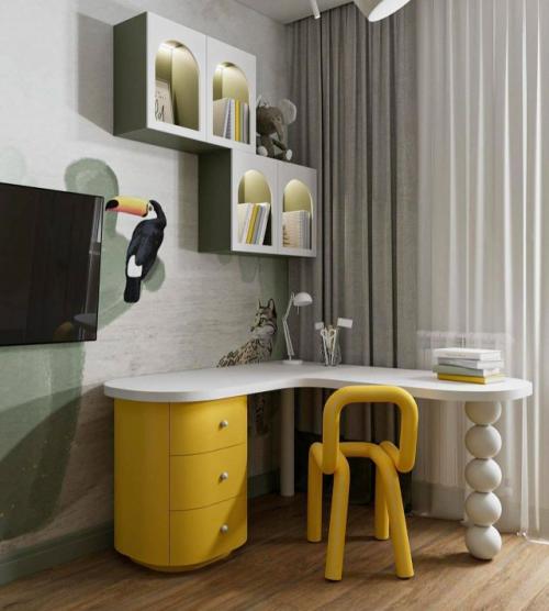 Детская комната с акцентом на цвет и фактуру.

