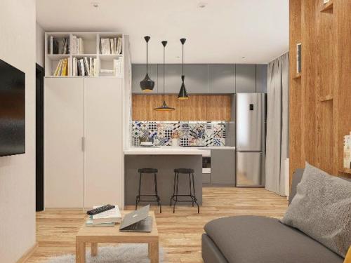 Компактная студия с умным зонированием.

